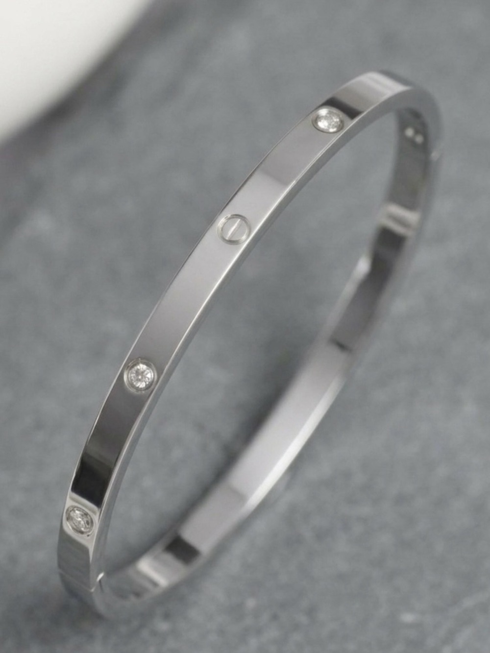 Silver Tone Thin Bangle Love Design Zirconia Stainless Steel Non-Tarnish